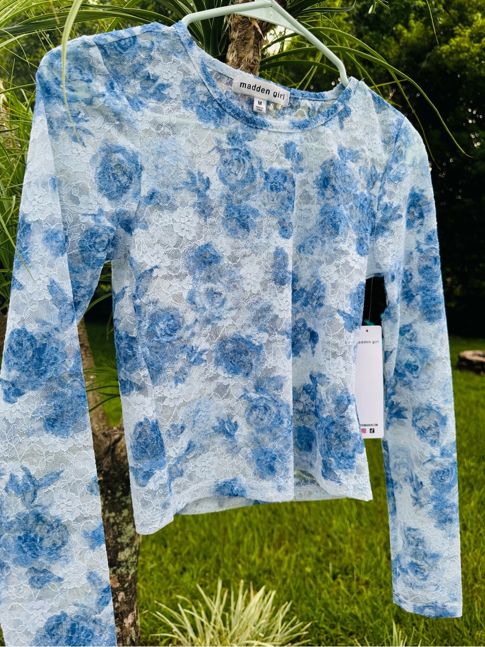 Madden Girl White Lace Top with Blue Floral Print